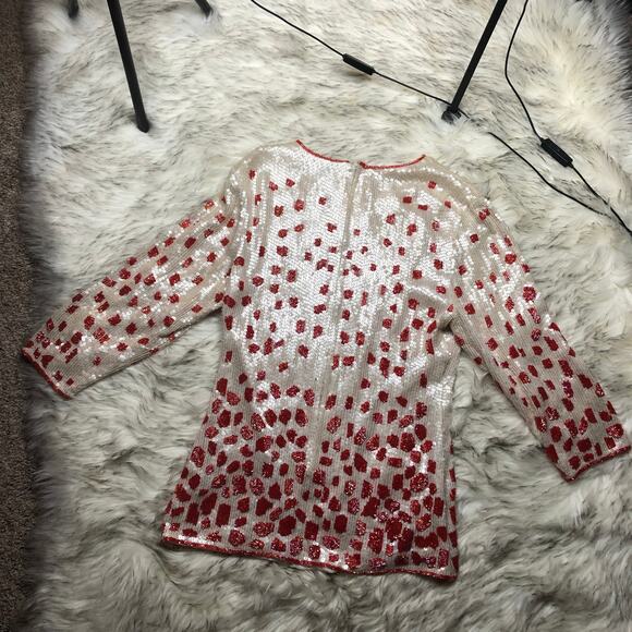 Vintage 100% Silk White & Red Fully Sequin & Beaded Shirt Top - Picture 12 of 16